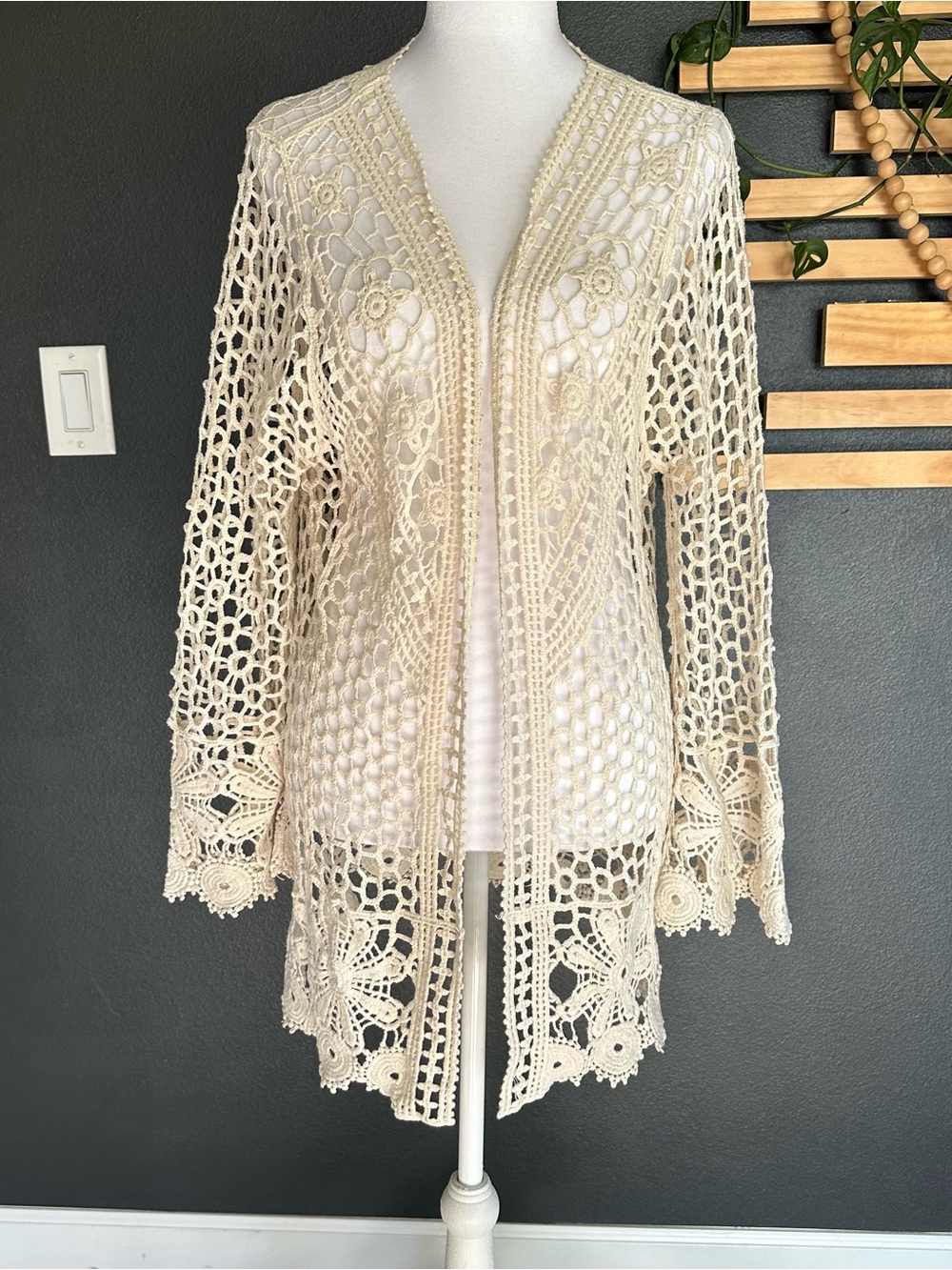 Rebellion Again 100% Cotton Crochet Lace Cardigan XS Boho Open Knit Cream Duster - Picture 2 of 8